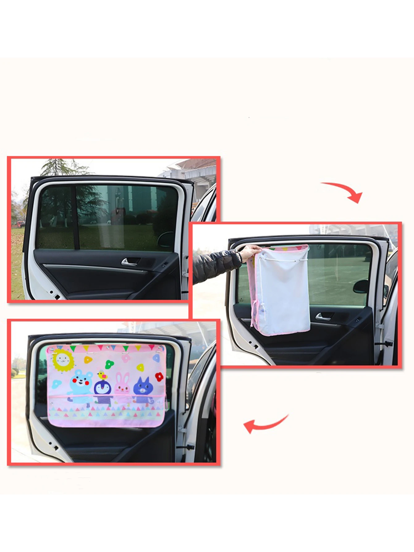 Car Sunshade with Mesh Pocket Storage Sun Protection Storage Bag Baby Sun Protection Shade Retractable Heat Shield