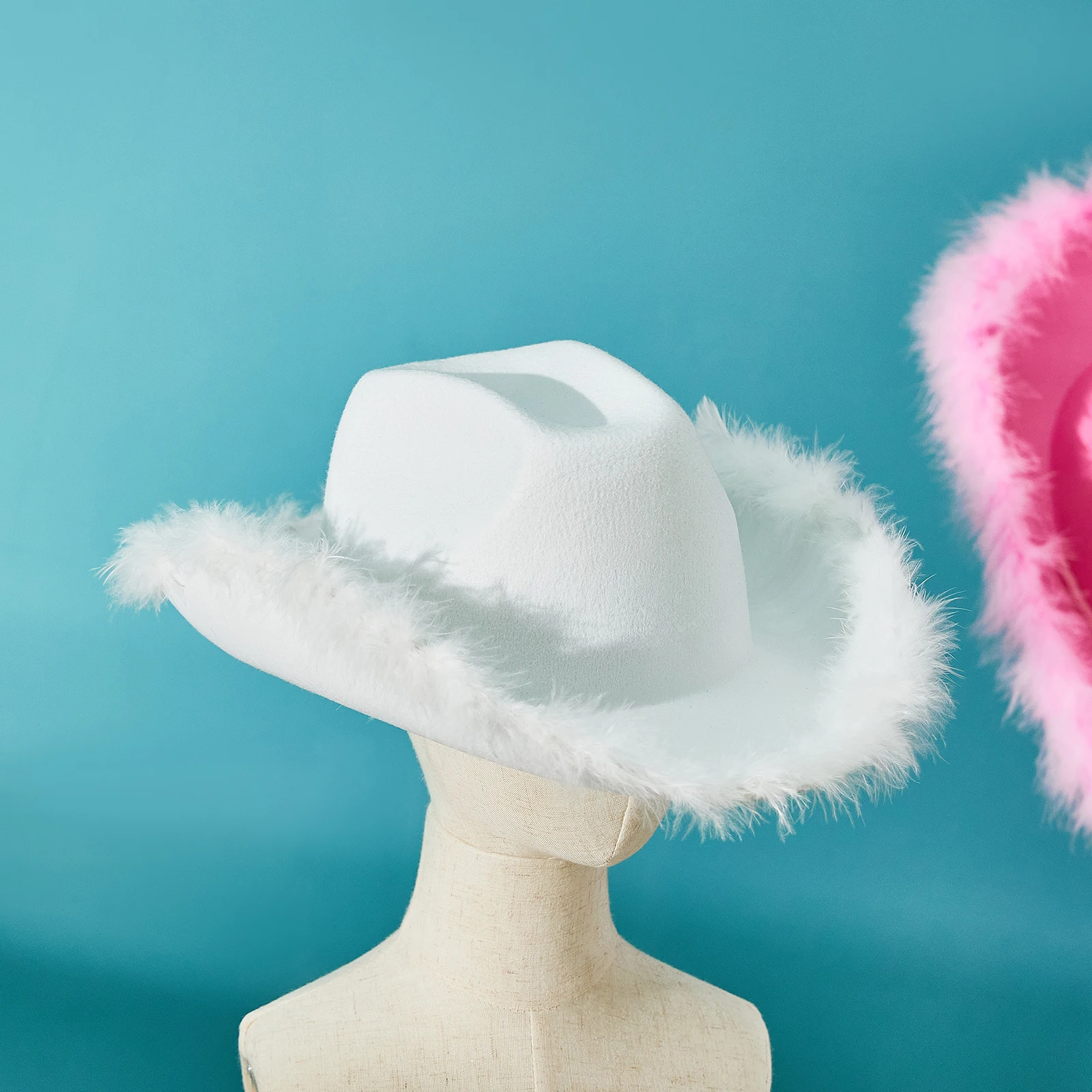 Women's Cowboy Hat Adult Solid Color Furry Trim Wide Brim Hat Female Cap For Dating Party cowgirl hats cowboy hats