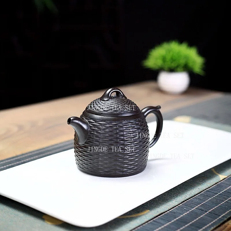 260ml 14 Hole Yixing Black Clay Purple Clay Teapot High End Handmade Bamboo Woven Teapot for Household Use Kung Fu Tea