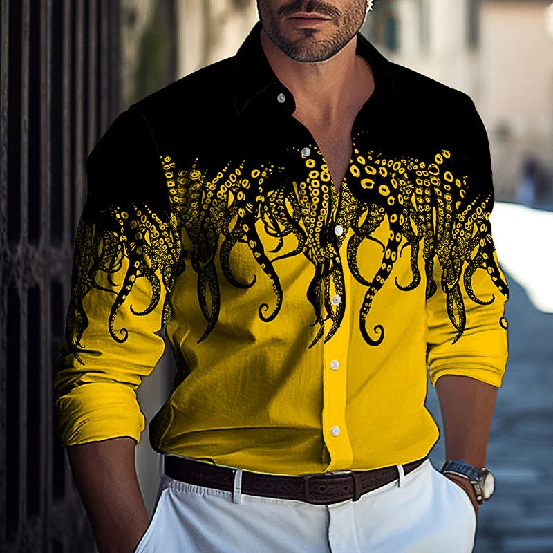 thumbnail image 1 of Camisa de manga larga con botones para hombre, 9 colores, estampado 3D de pulpo, ropa de noche diaria, camisa de solapa, ropa holgada de moda para hombre, 6xl, 1 of 5