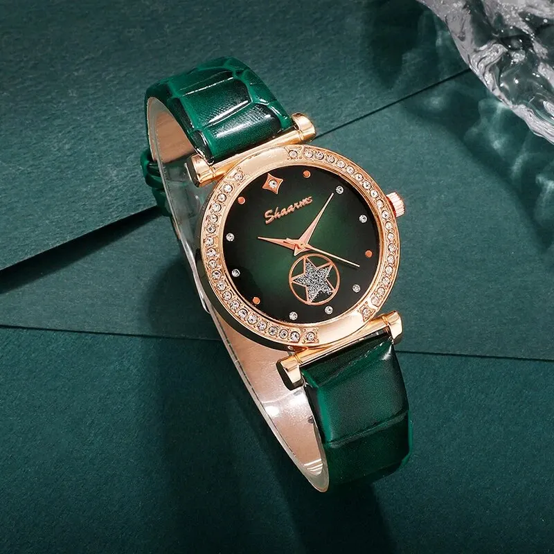 6PCS Set Women Watches Green Luxury Quartz Ring Necklace Earring Rhinestone Fashion Casual Ladies Bracelet