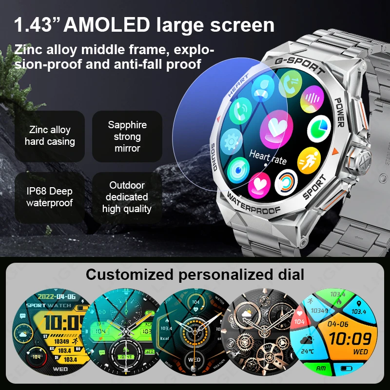 LIGE Smart Watch Men AMOLED Military Men Fitness Tracker Heart Rate Blood Pressure Monitoring Sleep Quality Analysis Smartwatch