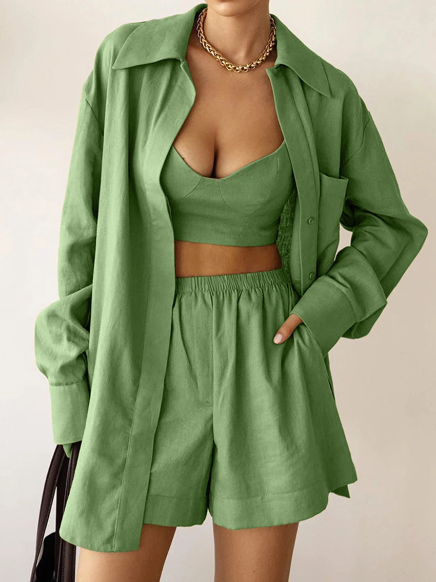 Mathaqiqi Cotton Ladies Pajama 3 Piece Suit Turn-Down Collar Long Sleeve Nightwear Tank Tops Sleepwear Shorts Casual Nightie Set