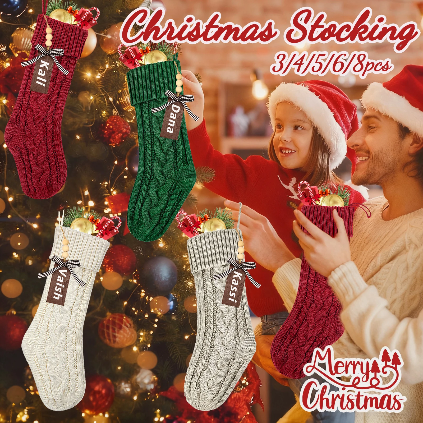 3/4/5/6/8pcs Christmas Stockings 18in Large Size Cable Knit Stocking Gifts Kids New Year Gift Decor for Family Holiday Party