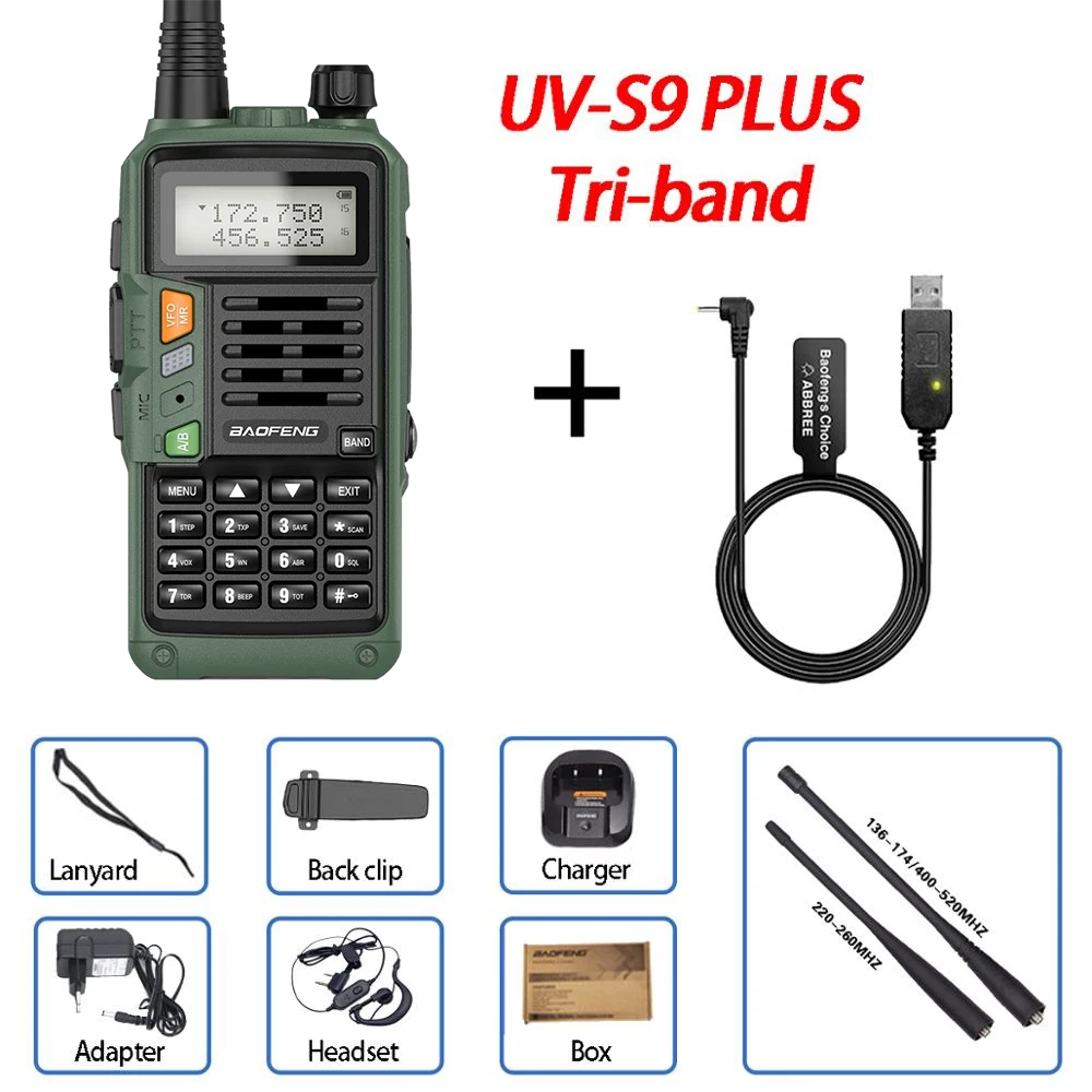 Baofeng UV-S9 PLUS Tri-Band 10W High Power Portable Two Way Radio 220-260Mhz UV 5R Upgrade Amateur Radio FM Transceiver rechargeable walkie talkies Walkie Talkie