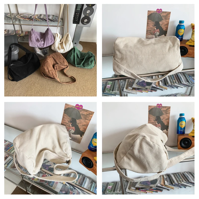 Large Corduroy Women's Bag Solid Eco Bag Korean Shopping Messenger Bag Y2K Shoulder Cross Bag Student Handbags Travel Satchel