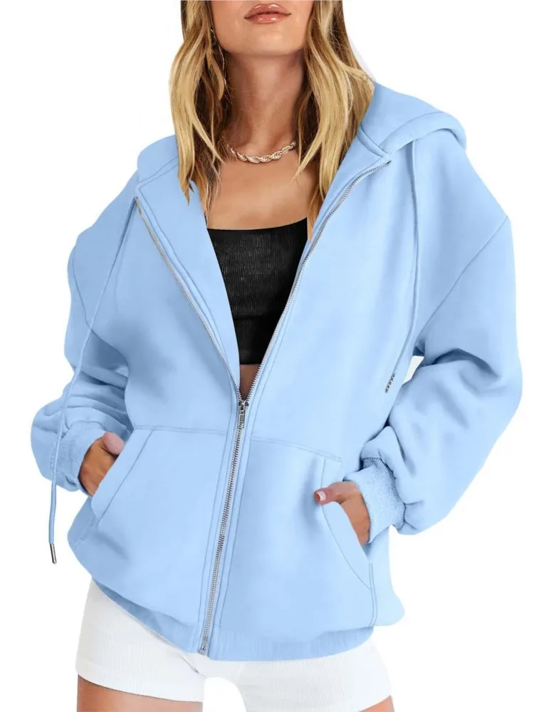 Autumn Fleece Hoodie Solid Hooded Korean Fashion Sweatshirts Long Sleeve Top Drawstring Pockets Loose Zipper Black Hoodies y2k 2
