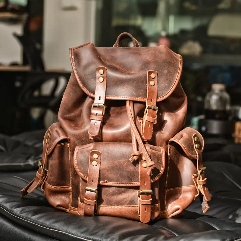 The New Genuine Leather Men Backpack  Outdoor Casual School Bag Large Capacity Backpack Genuine Leather Mountaineering Bag 5