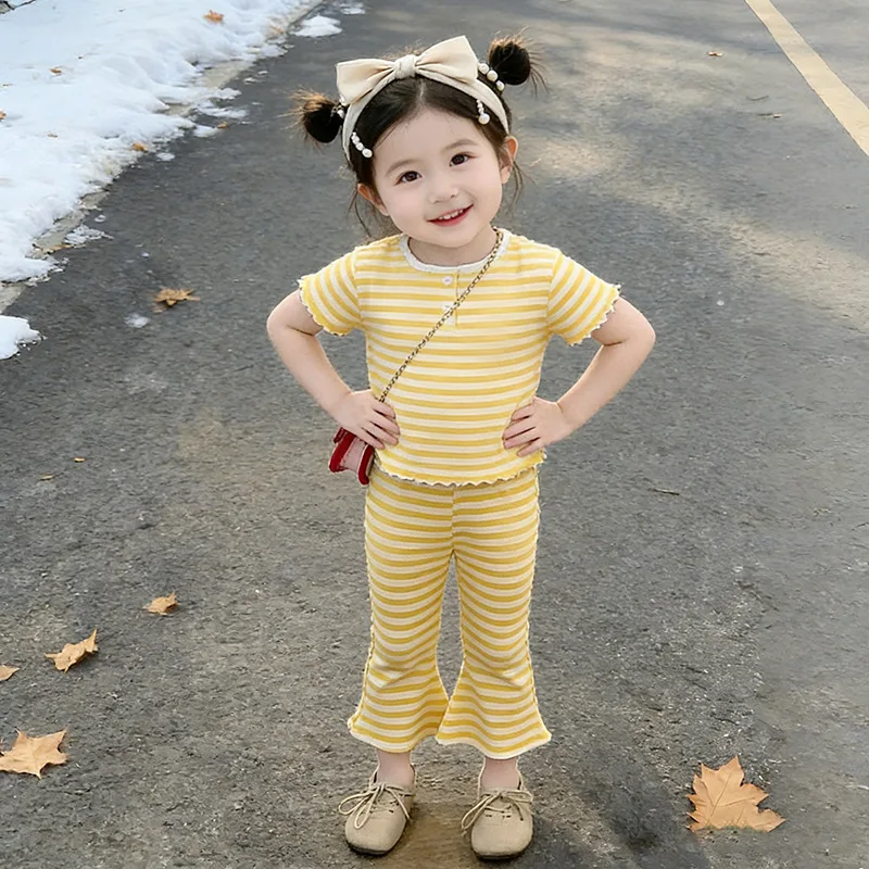 New Summer Korean Fashion Children's Clothing Round Neck Lace Striped Top+Pants Casual Daily Girls Set for 2-7 Years Old