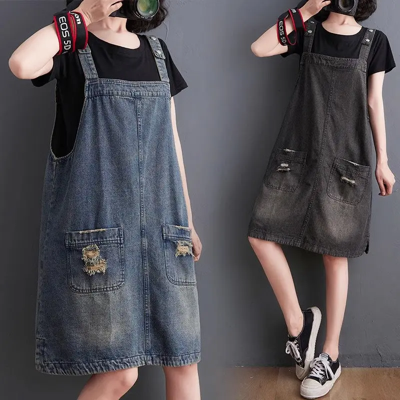 

Женское джинсовое короткое платье, свободное облегающее платье большого размера с дырками в винтажном стиле ретро, модель Z1864 в Корейском стиле на лето, 2023