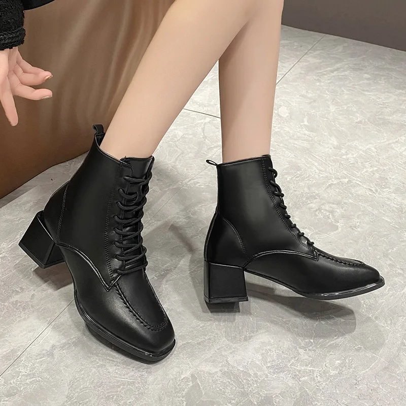 Autumn Women Boots Square Toe Chunky Heel Boots for Women PU Leather Shoes Woman Black Ankle Boots Ladies Casual Shoes
