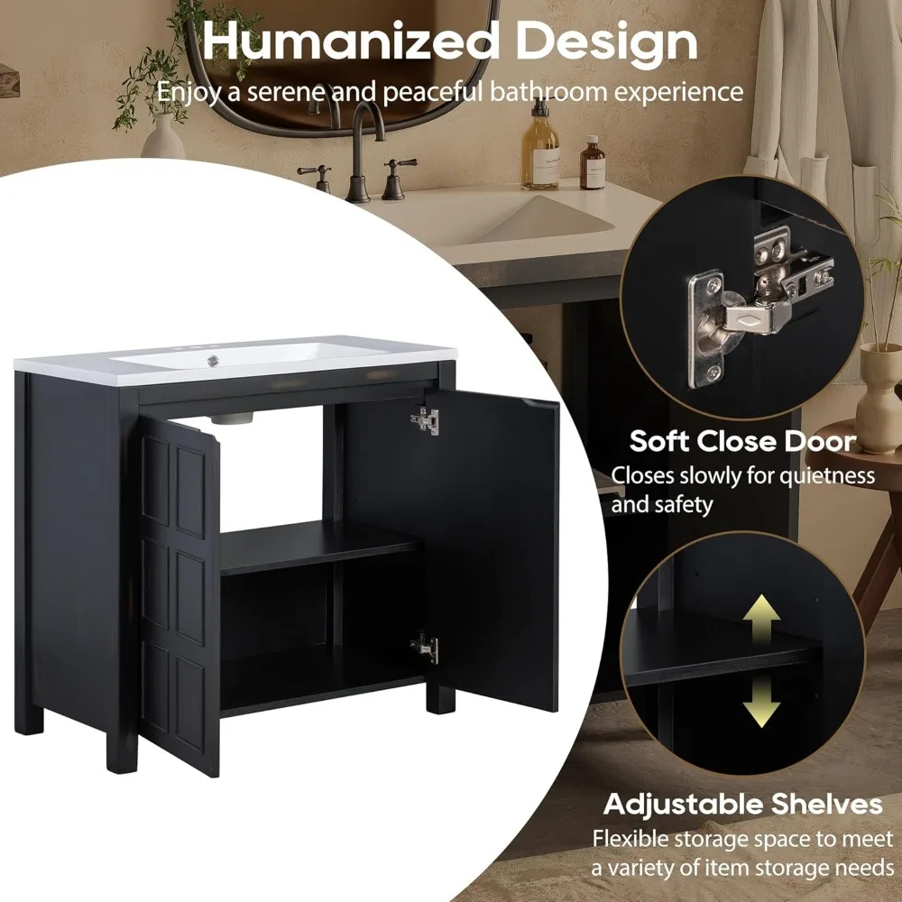 36" Bathroom Vanity Combo with Ceramic Sink,Pedestal Sink Cabinet with 2 Soft-Close Doors, SolidWood Bathroom Cabinet, Vintage 6