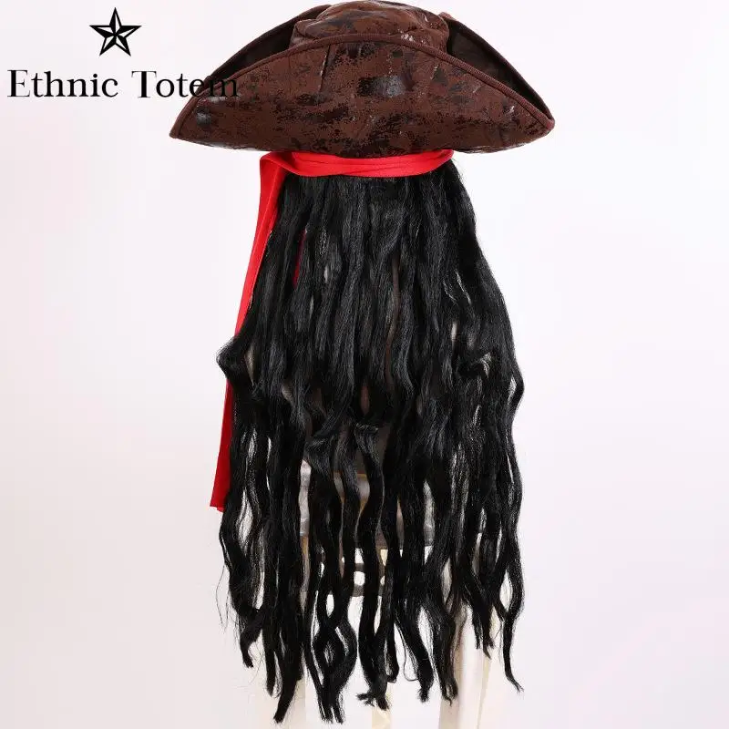 Cosplay Hat Captain Pirate Brown Hat Wig for Adult Jack Sparrow Faux Leather Hats with Hair Halloween Cosplay Costume Props Accessories