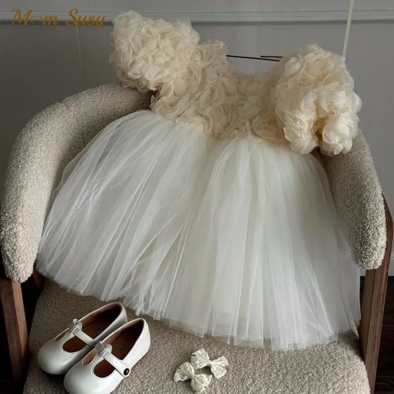 طفلة الأميرة ثلاثية الأبعاد زهرة توتو فستان نفخة الأكمام الرضع طفل في سن المراهقة تول فيستدو حفل زفاف مسابقة ملابس الطفل 1-12Y