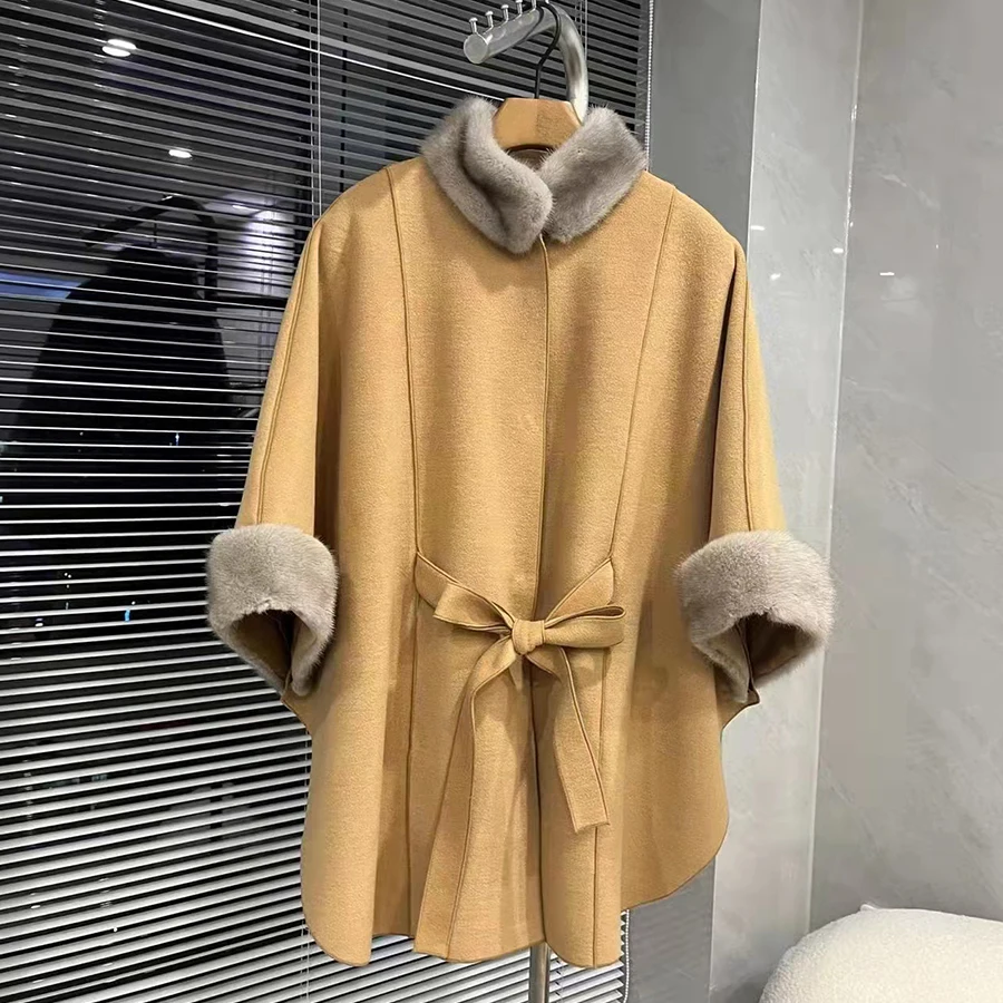 

Bestselling women's winter fur coat wool jacket with real mink fur woolen jackets Poncho