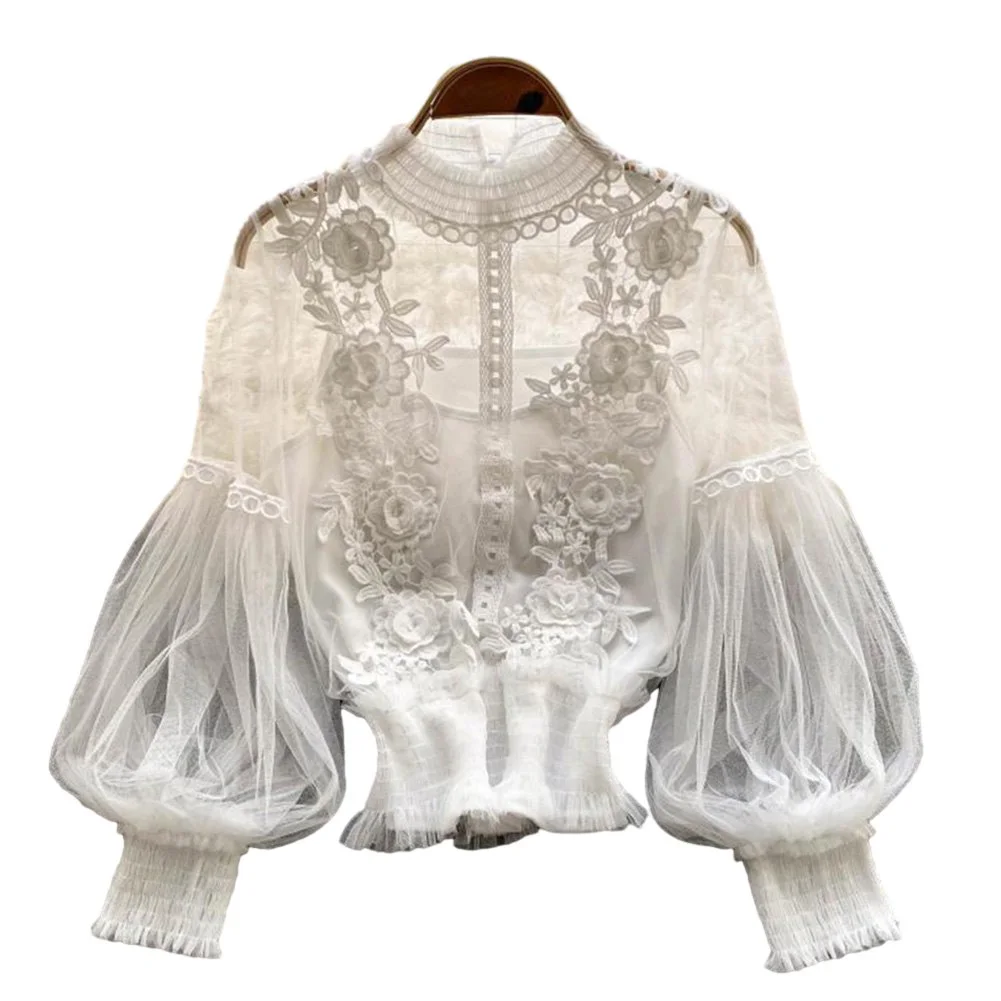 

Tops Women Blouse Dating Going Out Mesh Shirts Solid Color Spring Summer Vintage Blouses Elegant Femme Inelastic