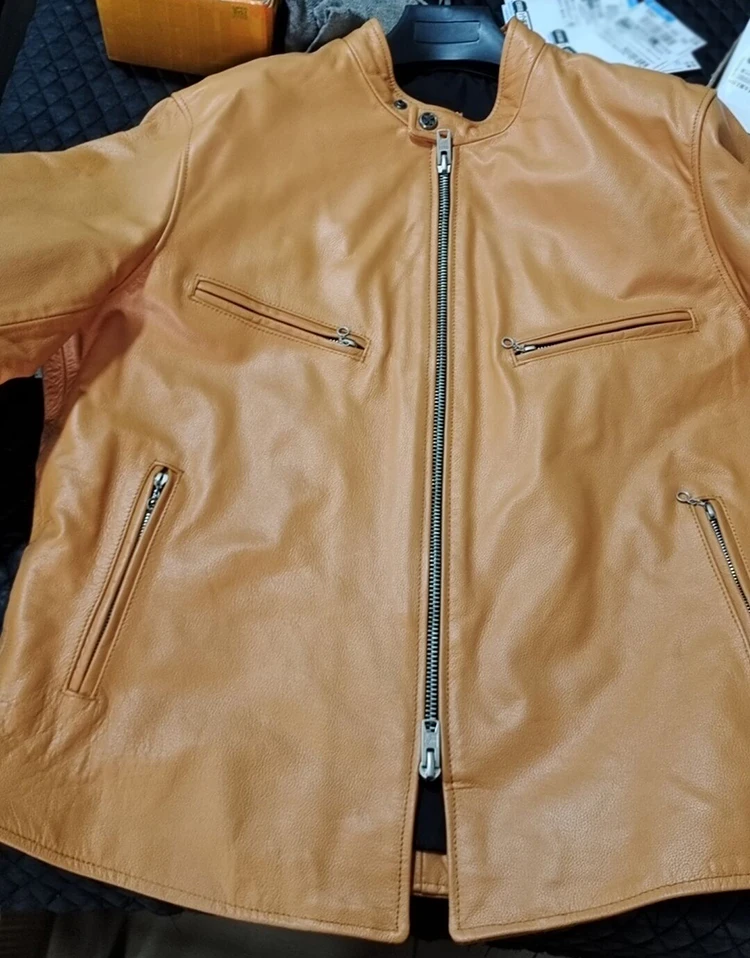 Description Picture 3 of itemSlim Fit Mens Leather Jackets Light Yellow Real Cowhide Genuine Leather Jacket Men Autumn Jackets Male Skin Coats
