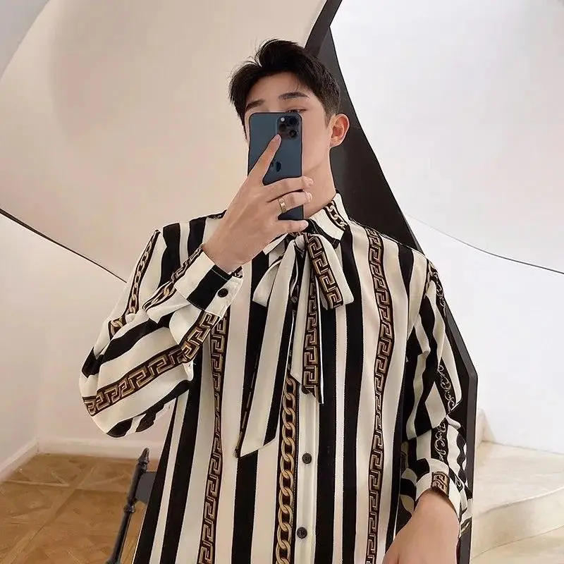 2023 Men's Clothing Straight Turn-down Collar Loose Long Sleeve Button Striped Printing Shirts Spring Summer Thin Casual Korean