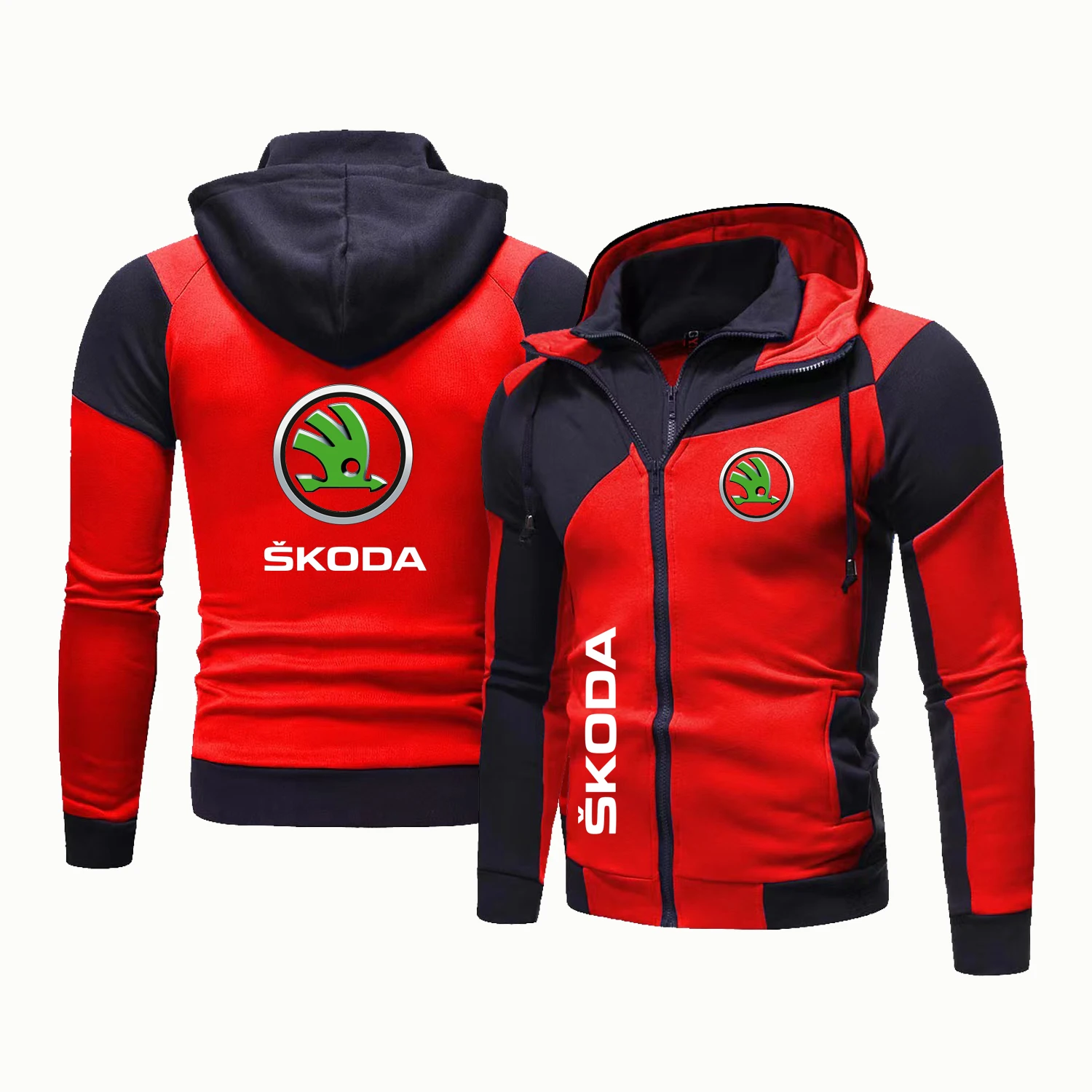 Men's Colored Hooded Cardigan Jacket With Car Double Zip Hooded Sweatshirt Motorcycle Racing Warm Casual Jacket Men's