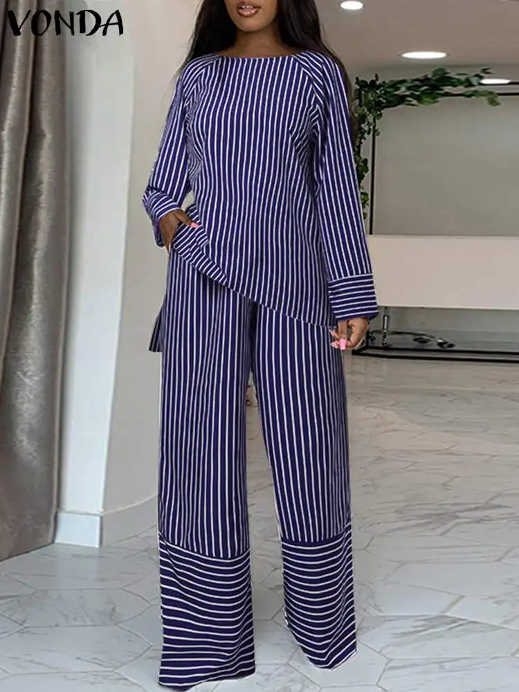 

VONDA Women Autumn Pant Sets 2023 Long Sleeve Stripe Tops and High Waist Pants Fashion Casual Loose Elegant Streetwear Suit 2PCS