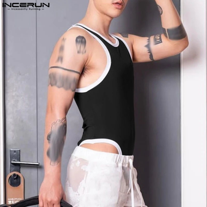 INCERUN Men Bodysuits Patchwork Skinny Sexy Round Neck Sleeveless Men Rompers Tank Tops 2023 Pajamas Summer Male Bodysuit S-5XL