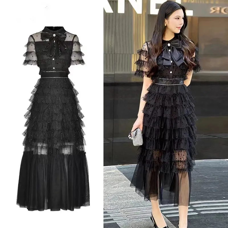 Runway Summer Mesh Polka Dot Cascading Ruffles Maxi Dress Runway Summer Mesh Polka Dot Cascading Ruffles Maxi Dress