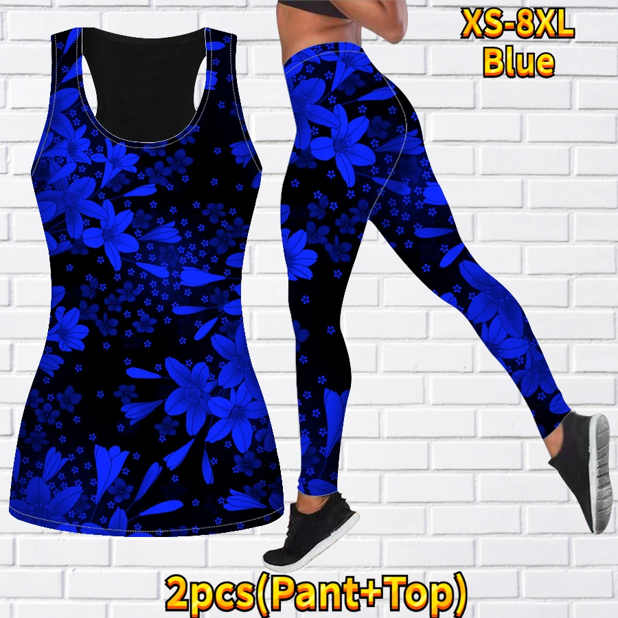 Women\'s Two Piece Yoga Set Fashion Casual Sports Tank Top Yoga Set 3D White Lily Print Sportswear Set XS-8XL