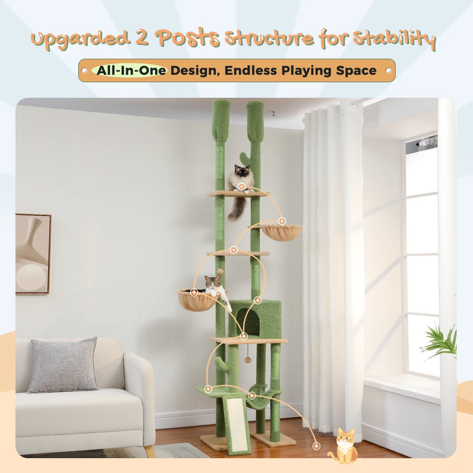 Cactus Cat Tree Tall Scratching Tower with Hammocks