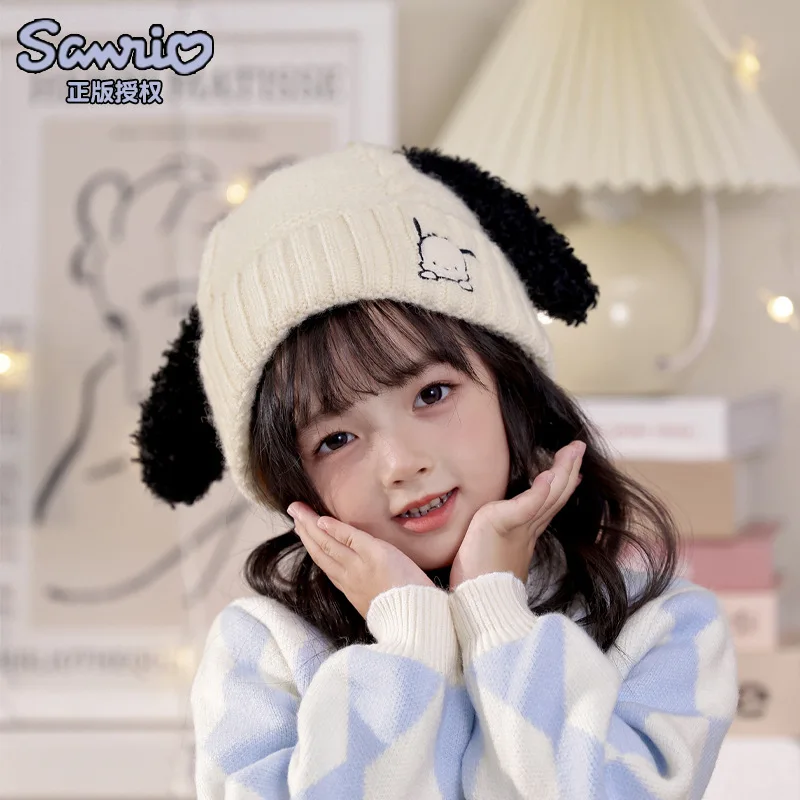 

Kawaii Sanrio Hello Kitty Knitted Hat For Women Caps Kuromi Cinnamoroll Wool Warm Skullies Beanies Cartoon Embroidery Beanie Cap