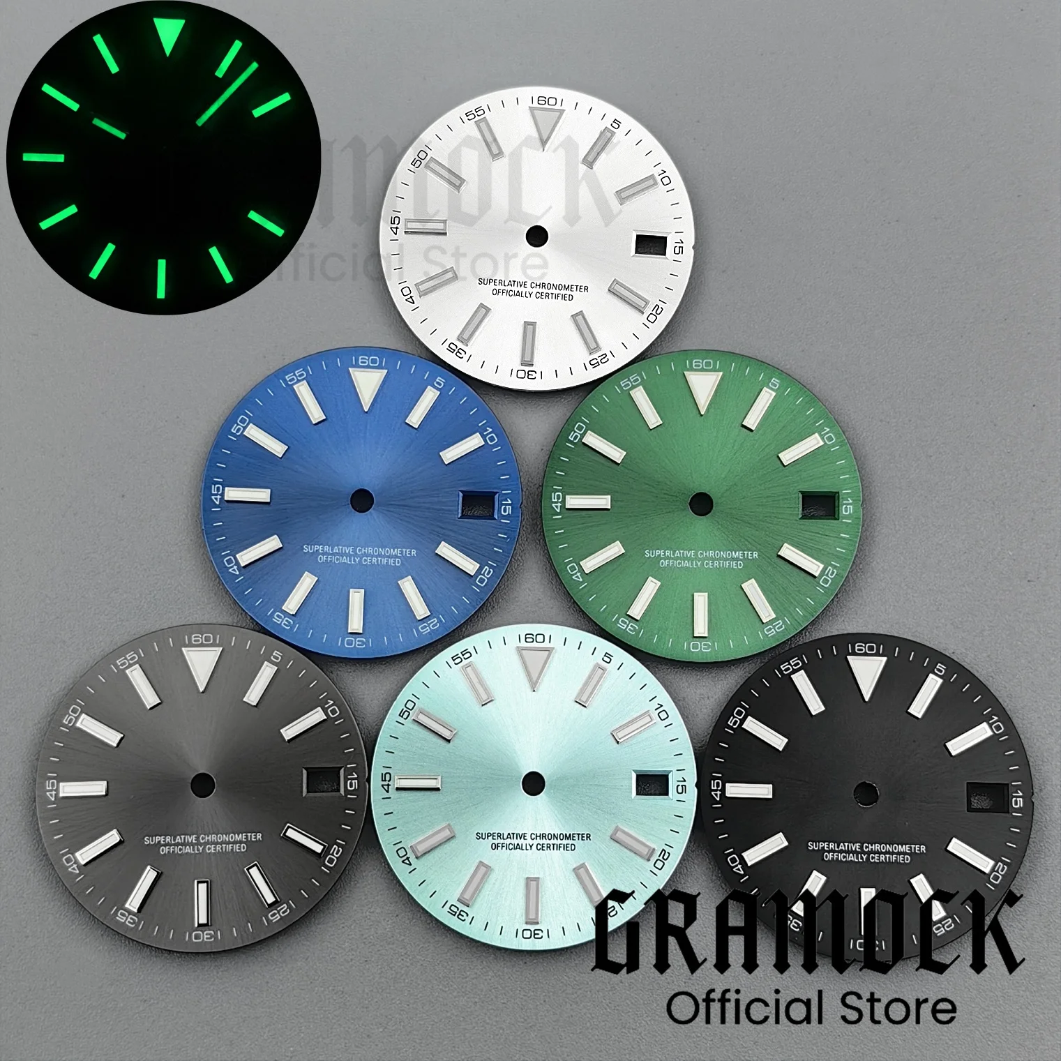 Sunburst Green-Blue-Black Luminous Watch Dial & Hand Set with Single Date Feature