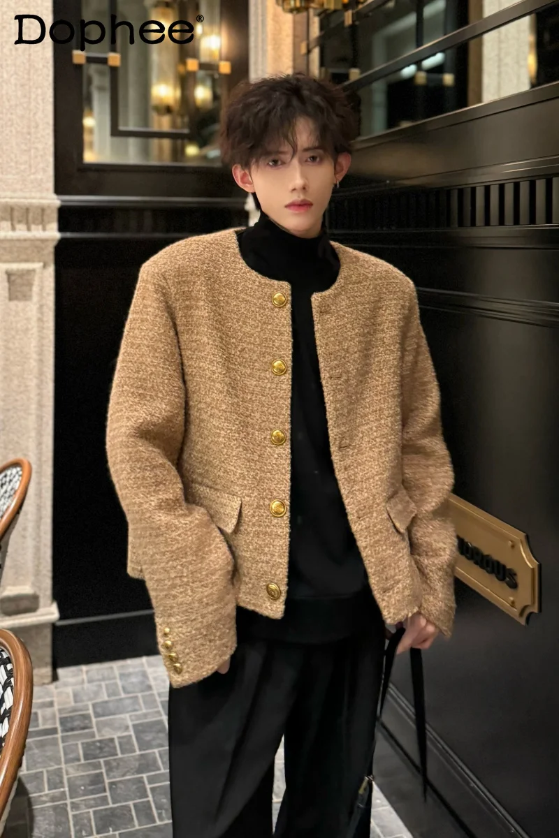 

Spring Simple Retro High-End Woolen Collarless Jackets for Men Fashionable Single-Breasted Long Sleeve Solid Color Jackets