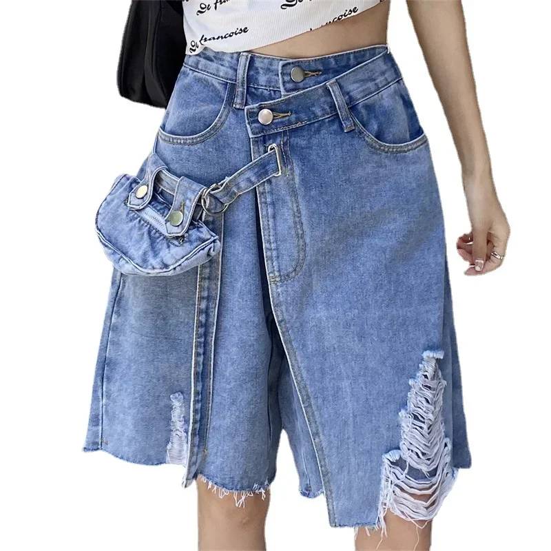 Women Shorts 2023 Summer Sexy Knee-length Denim Design Thin New Arrival Hole Chic Vintage Pockets Fashion All-match Streetwear