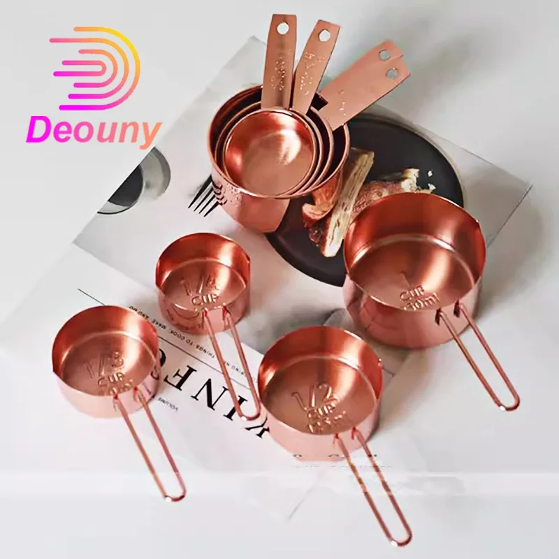 

DEOUNY Rose gold plated stainless steel measuring spoon coffee spoon set with Nordic style brass handle measuring cup
