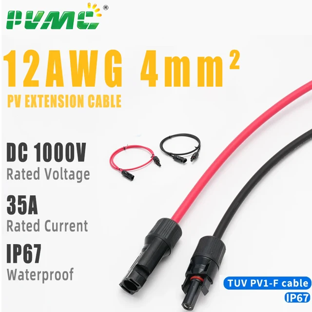 สายต่อพลังงานแสงอาทิตย์แบบสองหัว 1000V12AWG พร้อมขั้วต่อ สายทองแดงเคลือบดีบุก สำหรับระบบพลังงานแสงอาทิตย์ในบ้านหรือรถบ้าน ความยาว 1ม. 2ม. 3ม. 5ม. 10ม. 15ม. 20ม. 1