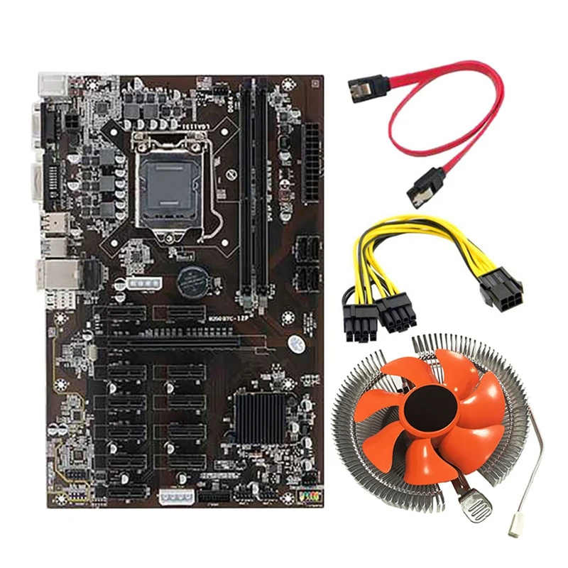 Материнская плата для майнинга BTC B250 12P, графический слот LGA 1151 DDR4 RAM SATA3.0 USB3.0 с 6 до 8 контактами (6 + 2), кабель питания + вентилятор ЦП