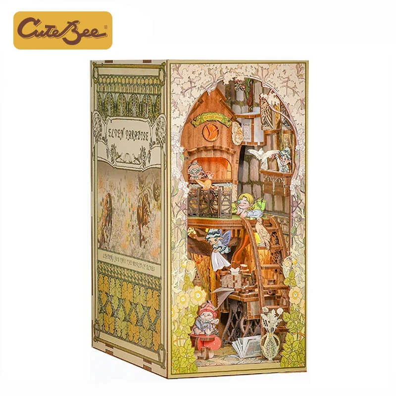 

CUTEBEE DIY Book Nook Kit Wooden Dollhouse with Touch Light Dust Cover Bookshelf Insert Decor Model Gifts Ideas Elven Paradise