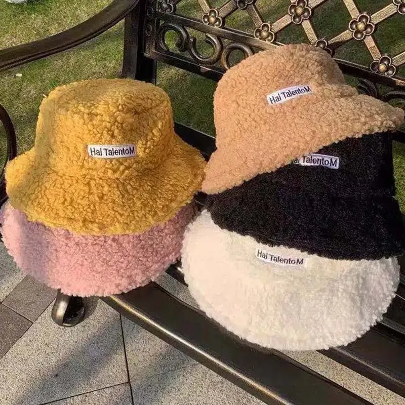Women Lamb Bucket Hat Autumn Winter Thicken Plush Wool Warm Flat Top Fisherman Hats Outdoor Windproof Panama Bowl Beanie Caps