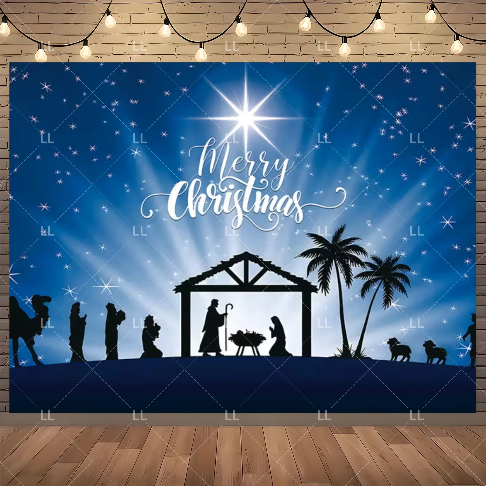 Starry Night Nativity Scene Backdrop - Traditional Christmas Party Decor and Photo Prop