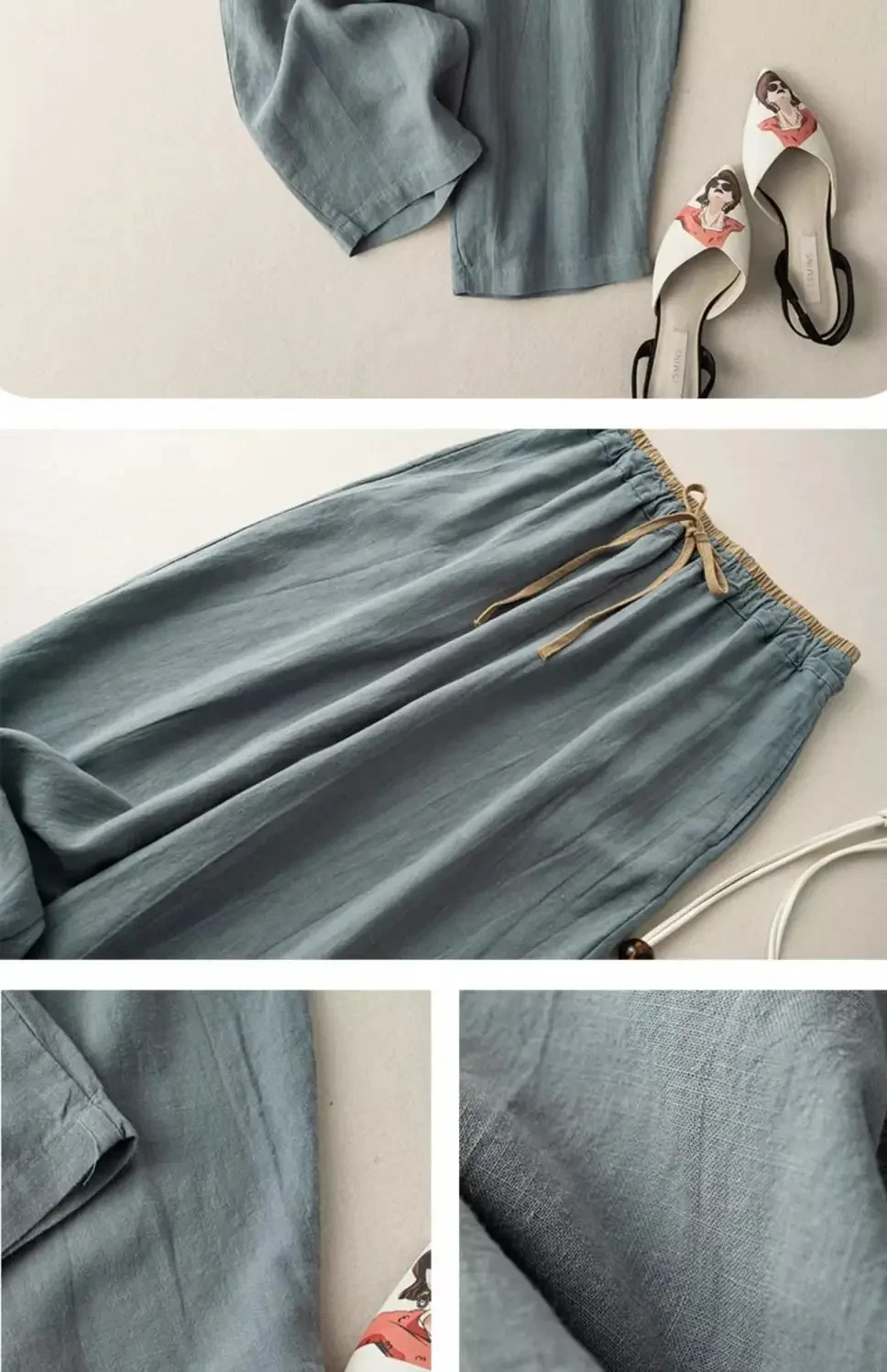Description Picture 4 of itemElastic Drawstring Waist Casual Pants Summer Retro Cotton Linen Loose Harem Pants Basic Versatility Wide-leg Ankle-Length Pants
