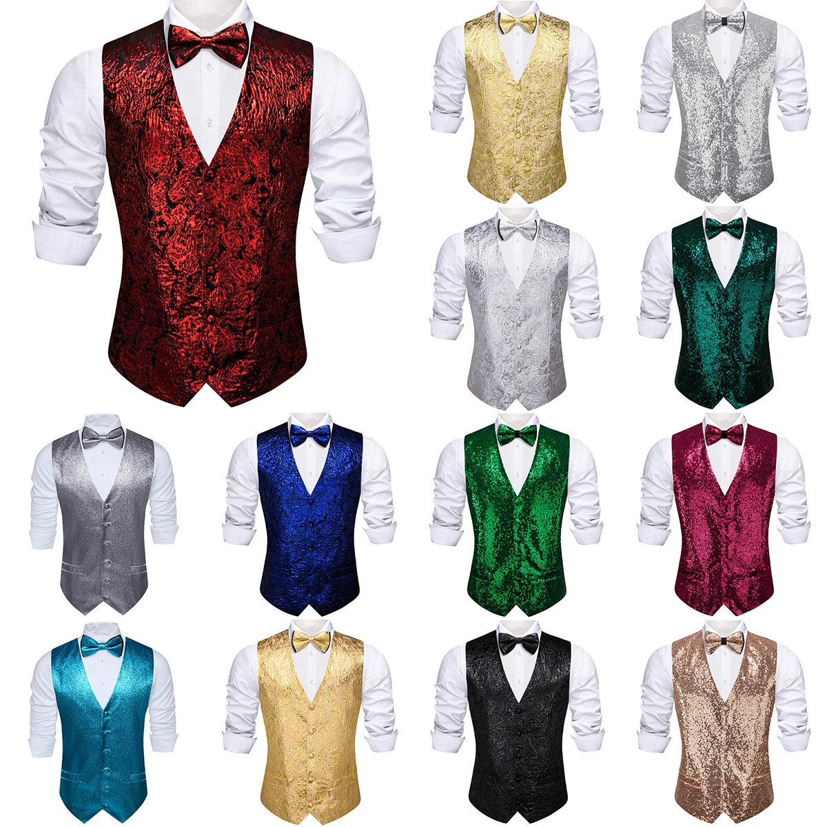 

Luxury Vest for Men Silk Shine Red Blue Silver Gold Green Khaki Solid Plain Waistcoat Bowtie Set Party Formal Wedding Barry Wang