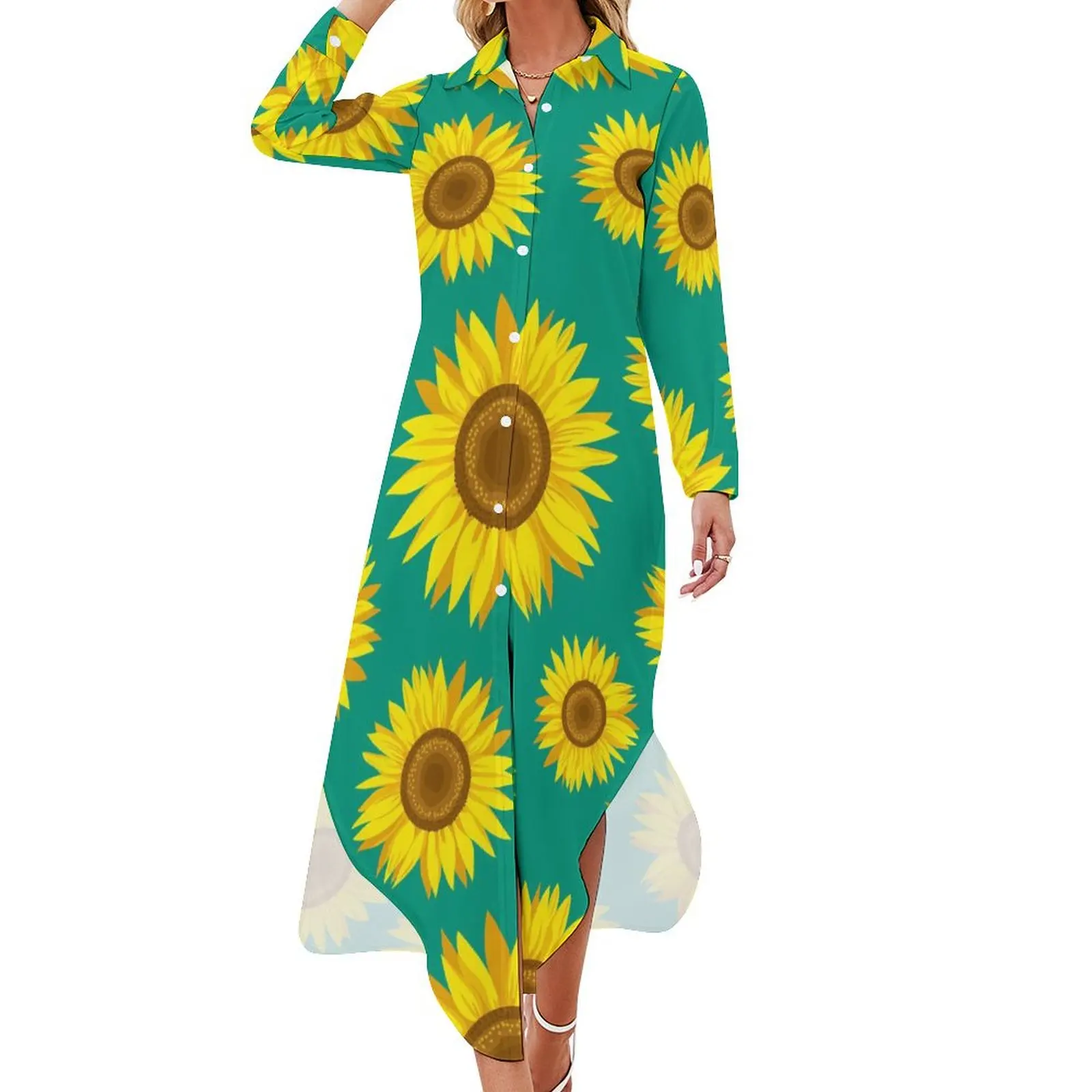 

Sunflower Blossom Chiffon Dress Yellow Flowers Print Cute Dresses Stylish Casual Dress Womens Sexy Graphic Vestidos 4XL 5XL 6XL