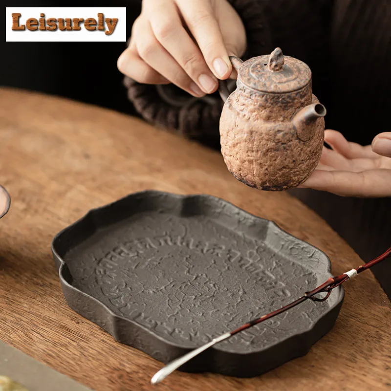 Old Rock Mud Engrave Scriptures Tea Tray Dessert Candy Tray Coffee Storage Board Teapot Holder Dishes For Serving Teaset Gifts