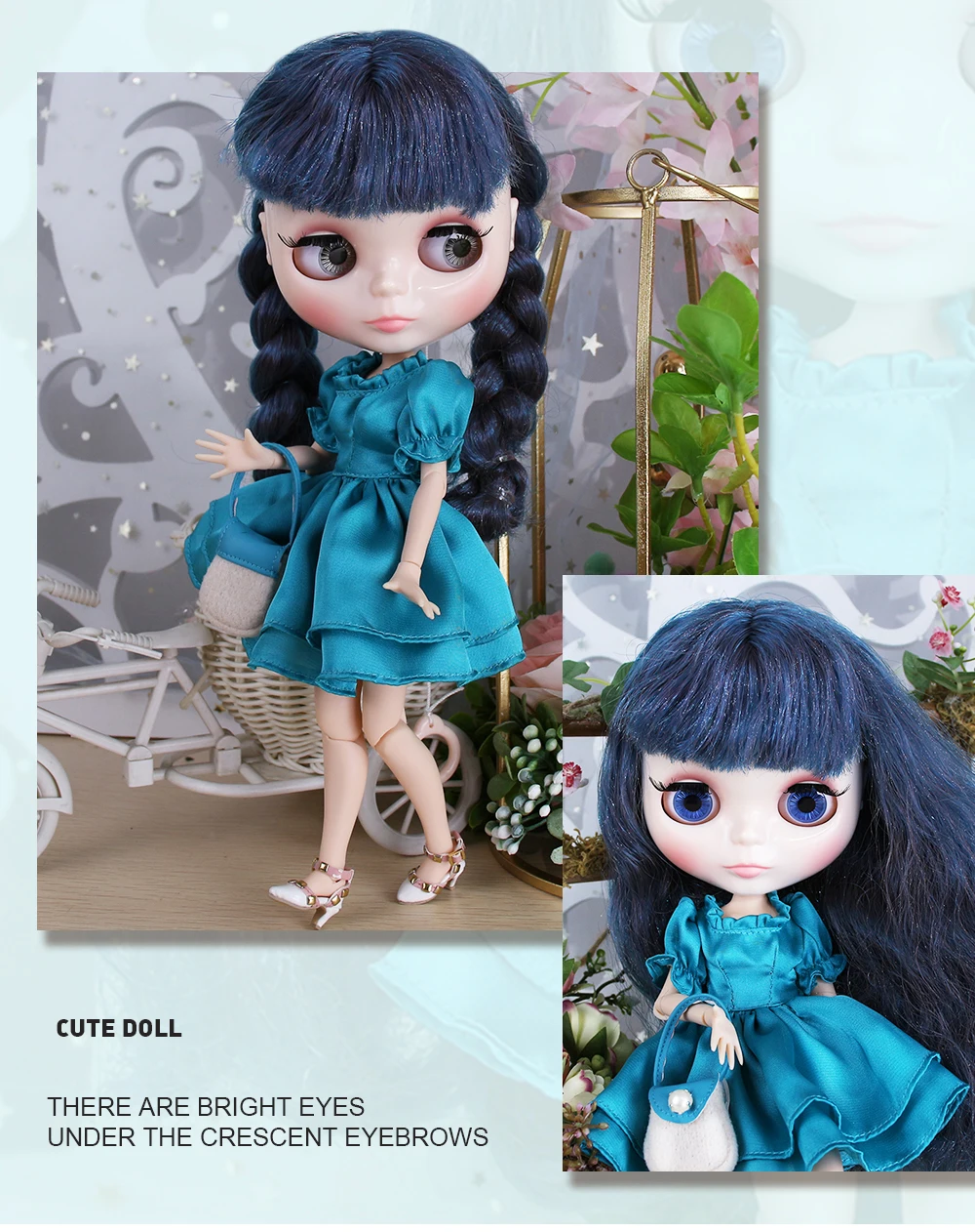 Neo Blythe 青い髪、白い肌、つやつやしたかわいい顔の人形 Custom ジョイントボディ3