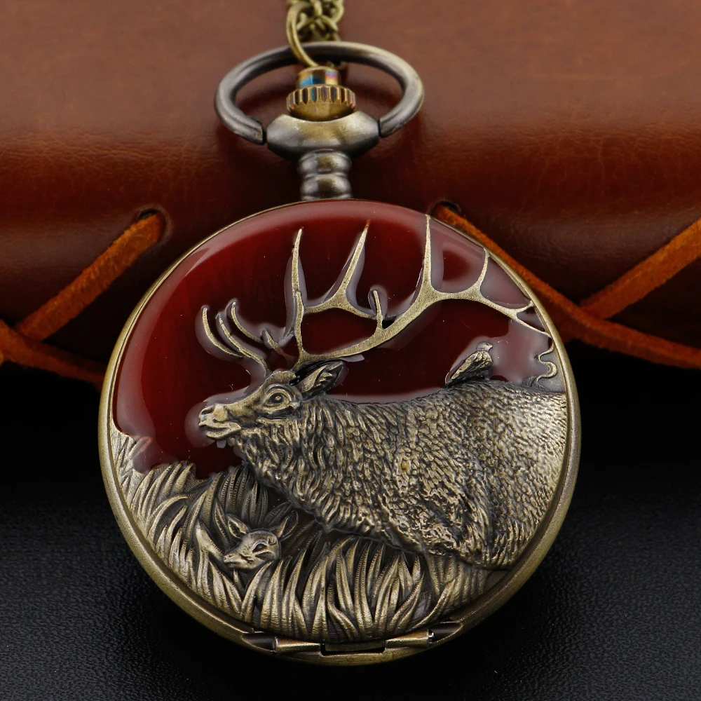 Antique Reindeer 3D Embossed Quartz Pocket Watch Vintage Men's Fob Chain Watch Clock Hunter Commemorative Gift,quartz watch,pocket watch