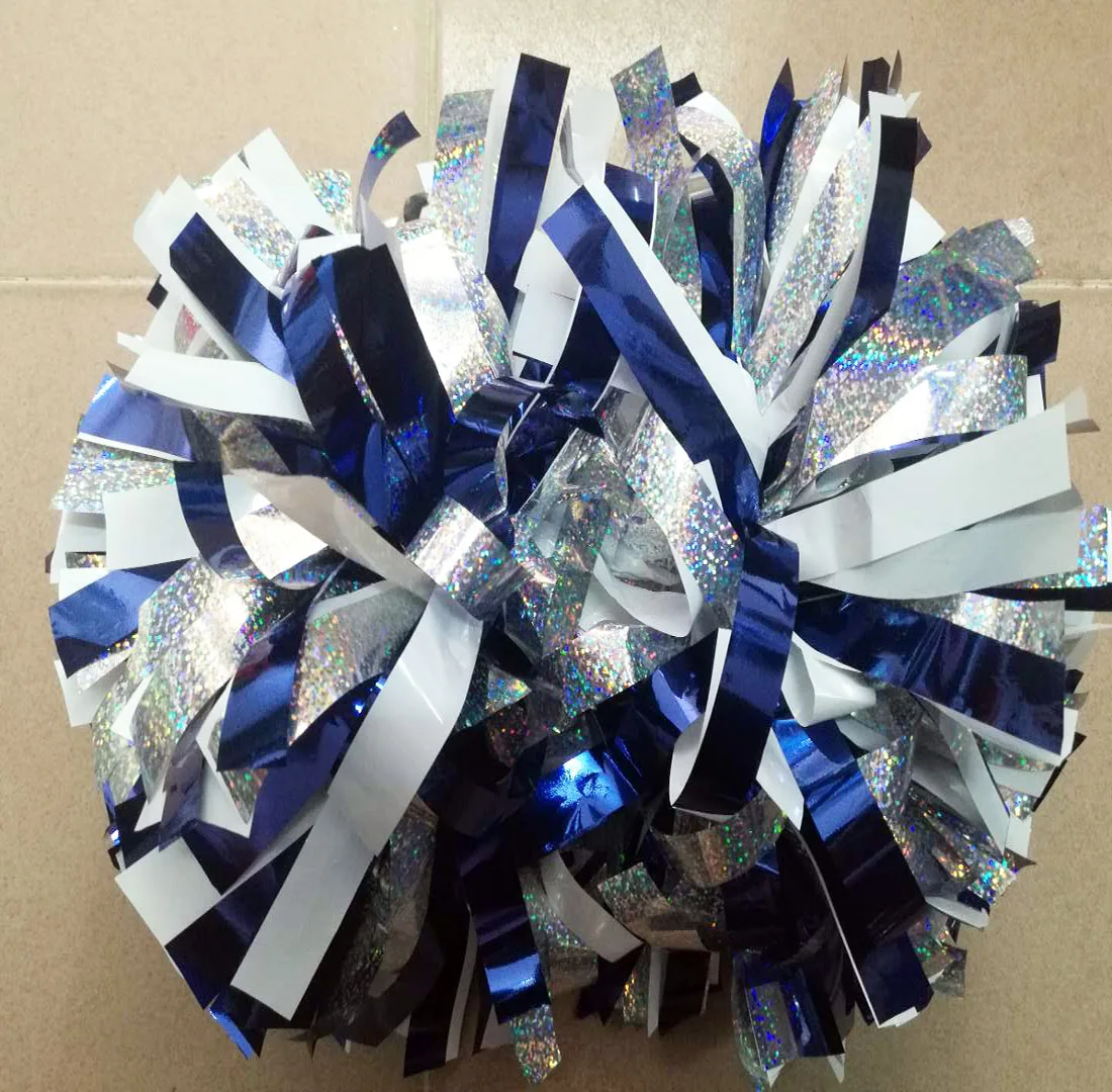 Professional Cheerleader pom pom,metallic red with silver and white,color and size.