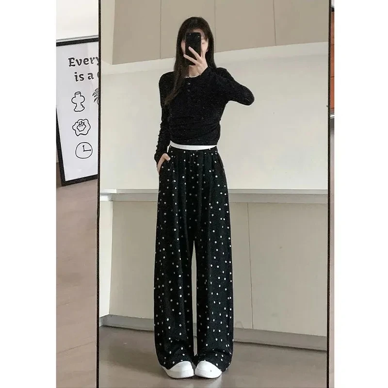 

Spring And Summer New Retro Polka-Dot Casual Pants Women's High Street High Waist Slim Straight Pants Drape Loose Wide-Leg Pants