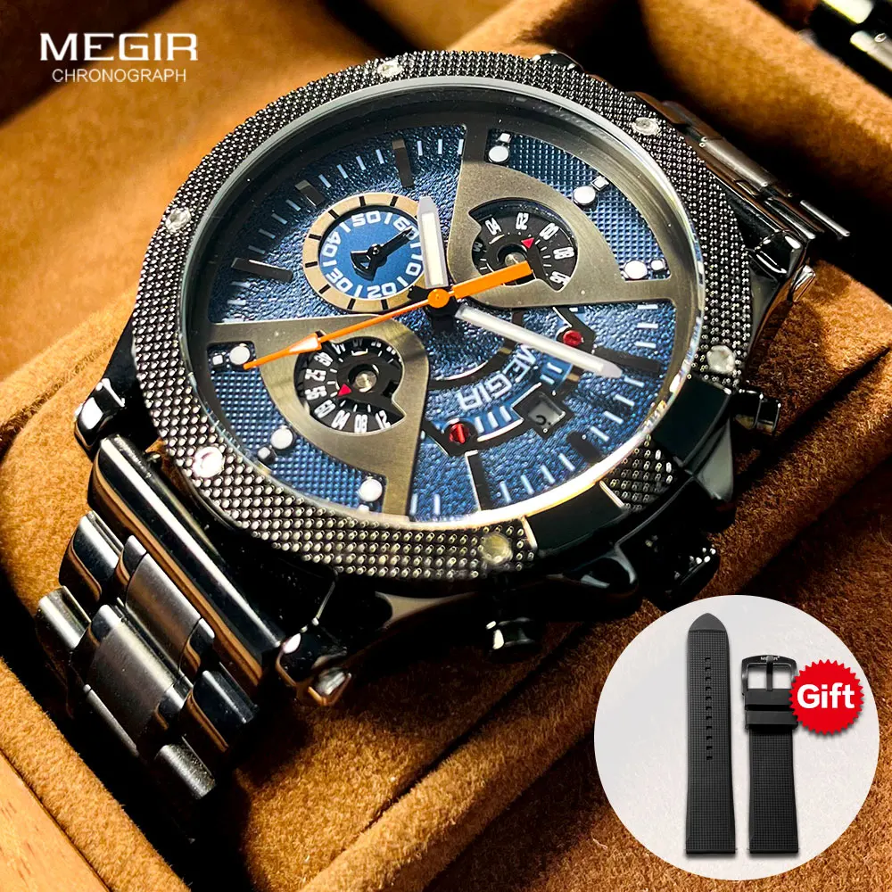 Megir-relógio de Pulso em Masculino com Data Cronógrafo Ponteiros Luminosos Banda Sobressalente Livre Quartzo Analógico Preto Fashion 2216 Aço Inoxidável