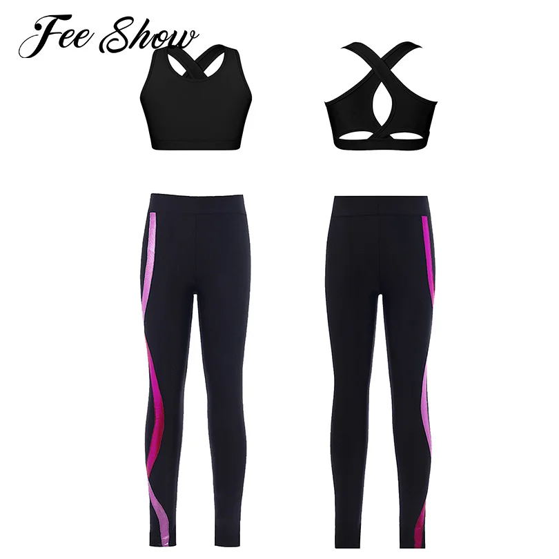 Kids Girls Slim Fit Yoga Sets Tracksuits Sportswear Sleeveless Crop Top Elastic Waist Pants Gyms Sports Fitness Workout Outfits