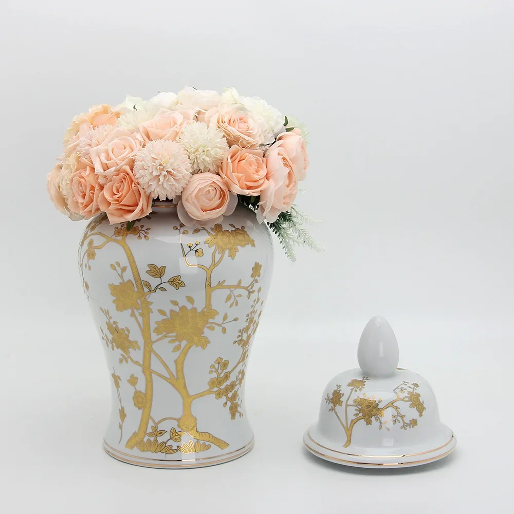 Gold-plated Flower Ceramic Ginger Jar White Ceramic Storage Jar Crafts Ornaments Flower Arrangement Decorative Jar Ornaments 2