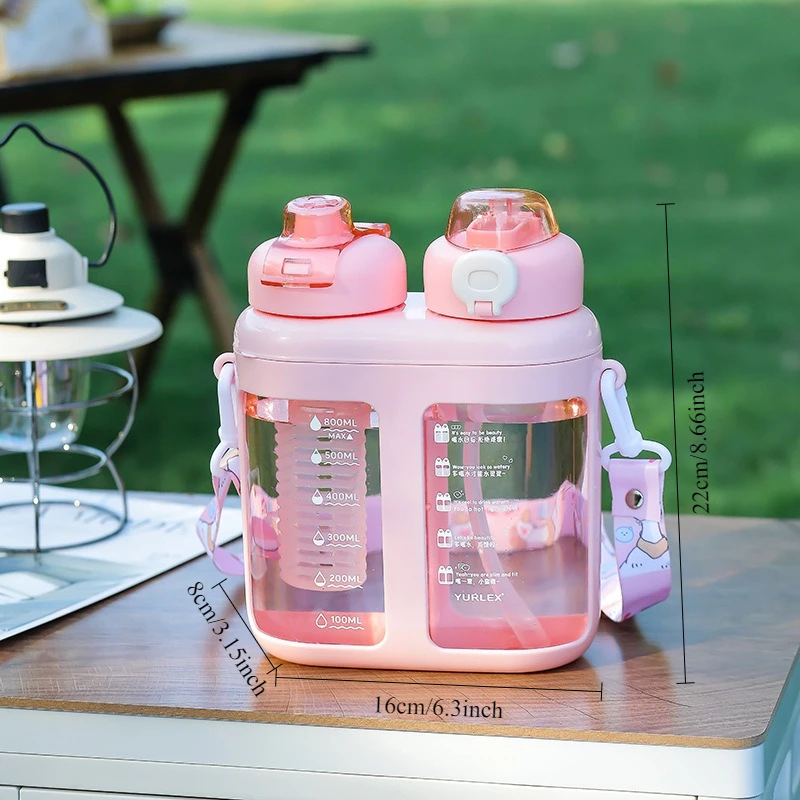 Summer Split-Compartment Double Drinking Straw Cup with ABS Material Kids Portable Water Bottle for Sports & Outdoor Leakproof